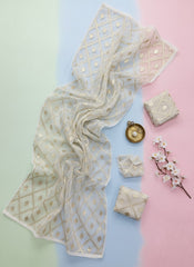 Arganza White Base with Golden Design. Dyeable Fabric.
