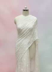 White Crincal Shafoon with Flower Design. Dyeable Fabric.